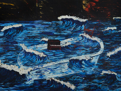 Angel Otero, The Sea (detail), 2023. Oil paint and fabric collaged on canvas, 95 1/2 x 143 1/8 inches (242.6 x 363.5 cm), 96 3/8 x 143 7/8 inches (244.8 x 365.4 cm) framed © Angel Otero; Photo by Argenis Apolinario; Courtesy the artist and Vito Schnabel Gallery