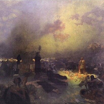 Alphonse Mucha, "Tras la batalla de la colina de Viktov", de la serie "La épica eslava", óleo sobre lienzo, 1923