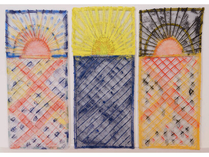Daniel Dezeuze, Nervures, 2013, 3 panels, painting on wood, aluminium, 150 x 66 cm chacun (in.), Courtesy Galerie Daniel Templon