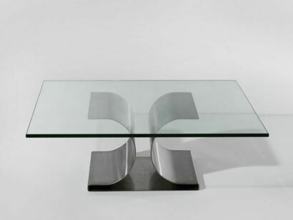 Michel Boyer, X Table, 1968. Stainless steel, glass, 12.75 H x 40 x 40 inches, 32.4 H x 101.6 x 101.6 cm