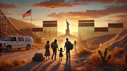 Families crossing into the United States under the shadow of a border wall, symbolizing the challenges and aspirations of migration in pursuit of the American Dream