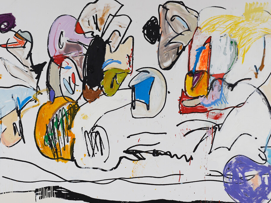 Eddie Martinez,  
Turbo 
2015 
Oil, enamel, silkscreen ink and spray paint on canvas 
72 by 108 in. 182.9 by 274.3 cm. 
Courtesty of the artist and Mitchell-Innes & Nash, NY 
