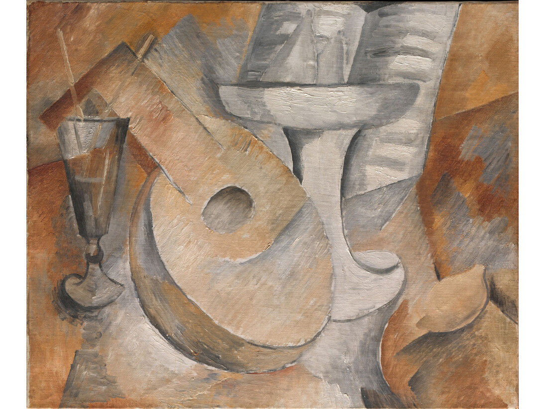 Georges Braque, Mandolin and Fruit Dish, Paris, early 1909, Oil on canvas, 15 1/8 × 18 1/8 in. / 38.4 × 46 cm. Promised Gift from the Leonard A. Lauder Cubist Collection. © 2014 Artists Rights Society (ARS), New York / ADAGP, Paris