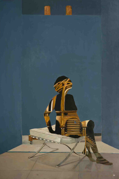 “Staircase on a Chair,” Patrick Pietropoli, Oil on canvas, 60” x 40” (152.4 x 101.6cm)