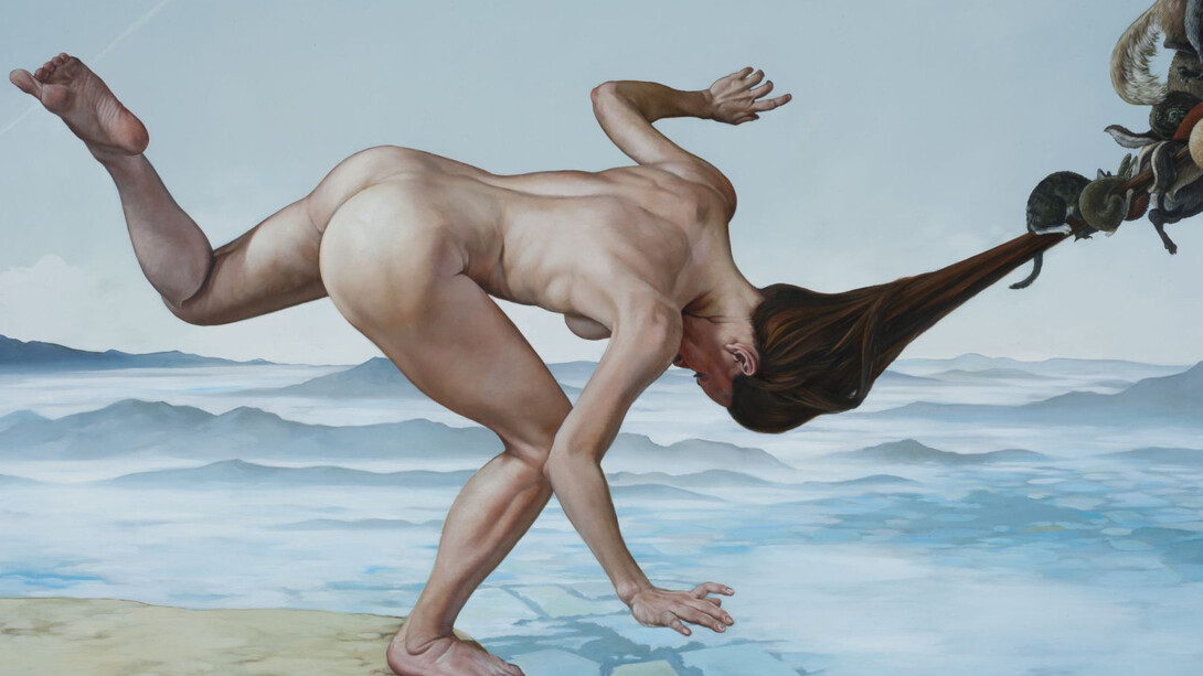 Erik Thor Sandberg, Toehold (detail), 2015, oil on curved panel, 36.25 x 71.25 inches.
