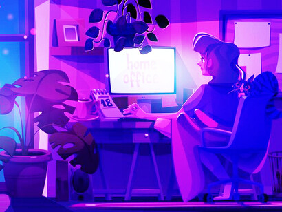 A woman working late at night in her Sims virtual house, managing Sims characters in the game