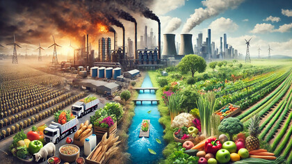 The complex relationship between global food systems, environmental impact, and public health, this image highlights the contrast between industrial agriculture and the potential for a more sustainable and healthier food future