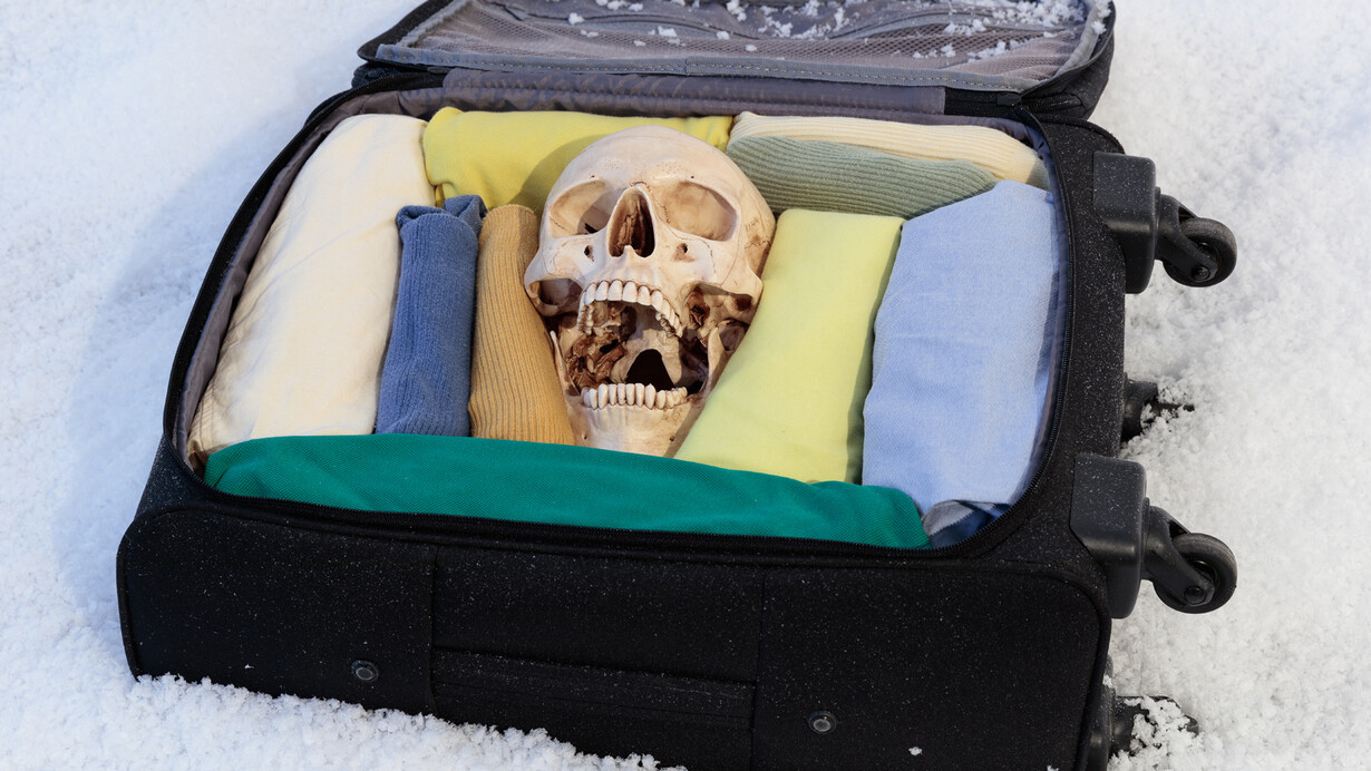 Baggage (Carry On), 2015, artist and fiancé’s clothing, artificial skull and crossbones, artist’s carry on suitcase, 55 x 66 x 19 cm, 21 5/8 x 26 x 7 1/2 ins, courtesy of Vilma Gold, London and Neue Alte Brücke, Frankfurt