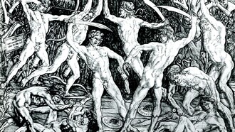 Antonio Pollaiolo, "La battaglia dei nudi" (1465-1470 ca), bulino. Prima opera nella storia dell'incisione ad essere firmata dall'artista che l'ha disegnata.