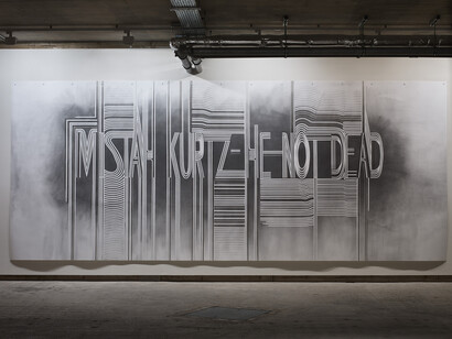 Fiona Banner, Mistah Kurtz - He Not Dead 2015, Graphite on paper, 235 x 573 x 0.2 cm, Courtesy the artist and Frith Street Gallery, London 
