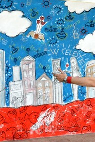 Um dia de abril - 227x443 cm - water-based paint and pen on wall, Coimbra, Portugal