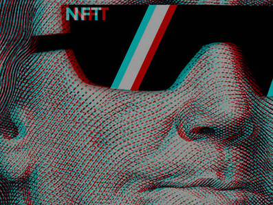 NFT token and money featuring a $100 bill with a depiction of Franklin wearing cyber glasses, symbolizing the intersection of traditional finance with crypto art