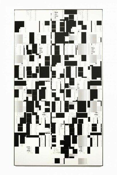 Michael Riedel, Untitled (Checkerboard across), 2014, Silkscreen on honeycomb panel, 100 3/8 x 56 3/4 inches (255 x 144 cm). Courtesy the artist and David Zwirner, New York/London
