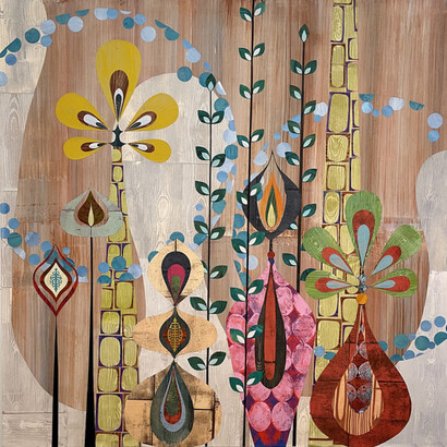 Rex Ray, Tremolecia, 2009 - 2010, painted and cut paper on oil on linen, 60x60 inches. Courtesy of Gallery 16