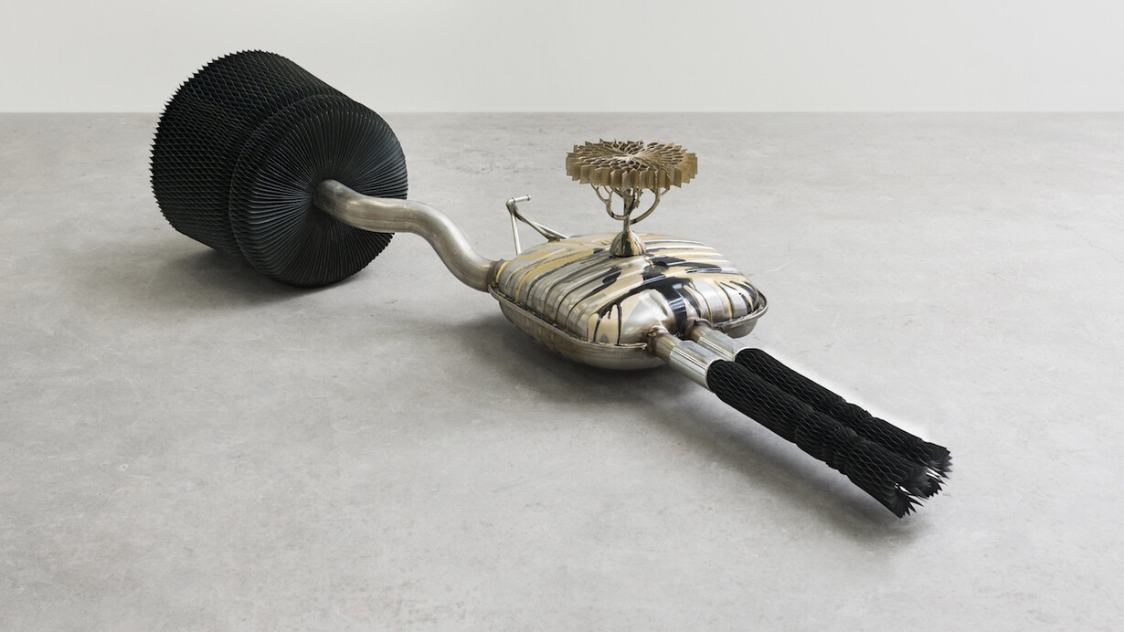 Keita Miyazaki, Black Tree, 2014, Aluminum bronze, paper, exhaust pipe, speaker system, enamel paint, 38 x 195 x 94 cm