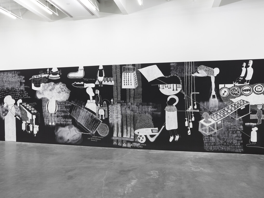 Kemang Wa Lahulere, Remembering the Future of a hole as a Verb 2, 2012, White chalk on black paint,
Installation view 
