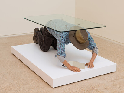 Muebles, (2015), a series of cast-resin, life-size pieces of furniture that are in the shape of migrant workers, representing stereotypes of the Mexican identity
 
