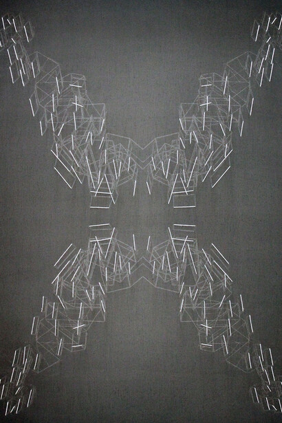 Emanuela Fiorelli, Speculare inverso, 2014, tarlatana tinta e filo di cotone su tela serigrafata, cm 90x70x10,5