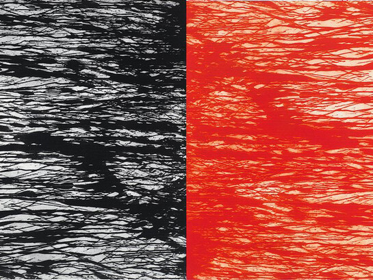 Richard Long, Love Minus Zero/No Limit (detail), 2014, A two panel carborundum relief, left panel printed in a Black/Ultramarine Blue ink mix, right panel in a Vermilion/Ruby Madder/Primrose ink mix on Hahnemühle Etching White 350 gsm paper. Overall 121.5 x 388 cm, Edition of 2, Courtesy Richard Long and Alan Cristea Gallery, London
