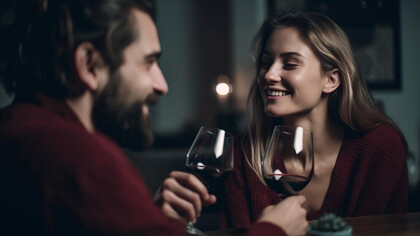 A young couple savoring wine and each other's company in a cozy indoor setting