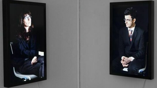 Timotheus Tomicek, Conversation, 2 piece video installation, 29.5 x 17.75 inches