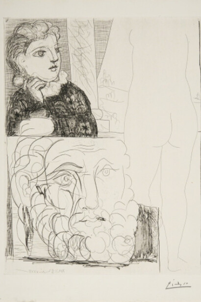 Pablo Picasso, Woman Leaning on her Elbow, Sculpture Viewed from the Rear and Bearded Head, May 4-1933. Courtesy of Museum of Fine Arts, Boston