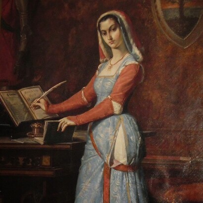 Antonio Benini, Ritratto di fantasia di Eleonora d'Arborea che firma la Carta de Logu, XIX secolo