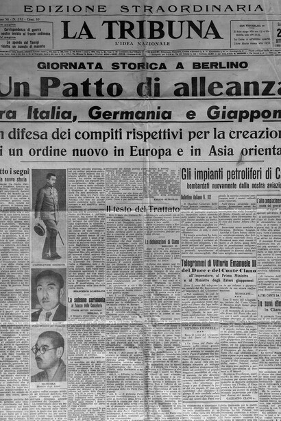Prima pagina di un'edizione straordinaria del quotidiano "La Tribuna", 28 settembre 1940, annuncia la firma del Patto Tripartito e l'inizio dell'Asse Roma-Berlino-Tokyo
