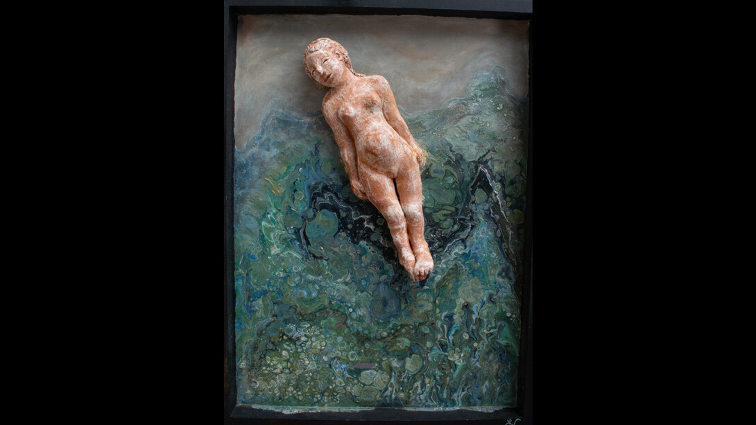 Boo Lynn Walsh,
The Price of Passage,
2024,
Acrylic and terracotta sculpture on cradled wood frame,
24 x 16 in/61 x 40.6 cm. Courtesy of the artist and Fountain House Gallery