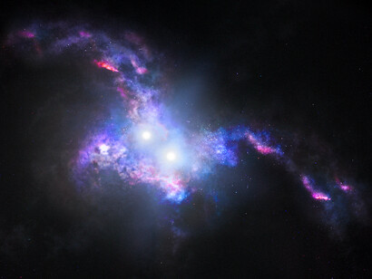 Representación de dos cuásares en el centro de dos galaxias que se funden 