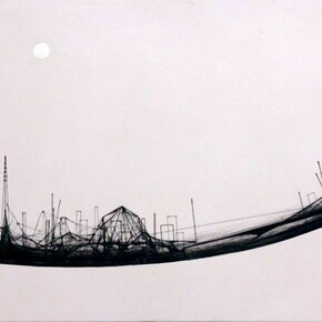 Daisuke Tsuchigahata, Boundary: Highway and The City II, 2013, Cotton, chalk, panty stockings, string, silver leaf, mineral pigment, 17.9" x 25.6"