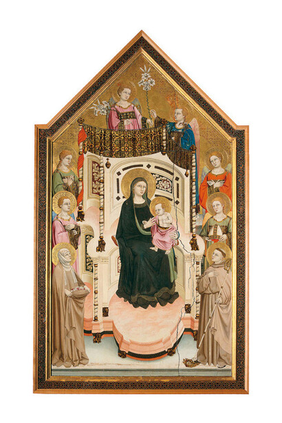 Maestro di Figline, (attivo in Umbria e in Toscana, 1315-1335 circa), Madonna col Bambino in trono fra sei angeli, sant’Elisabetta d’Ungheria e san Ludovico di Tolosa, 1320 circa, Tavola, Figline Valdarno, Collegiata di Santa Maria Assunta