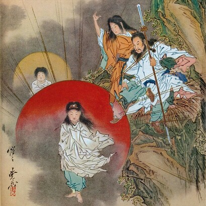 Insediamento della dea del sole (Amaterasu), a destra i leggendari genitori divini Izanami e Izanagi, da un'opera di Kawanabe Kyosai (1831-1889)