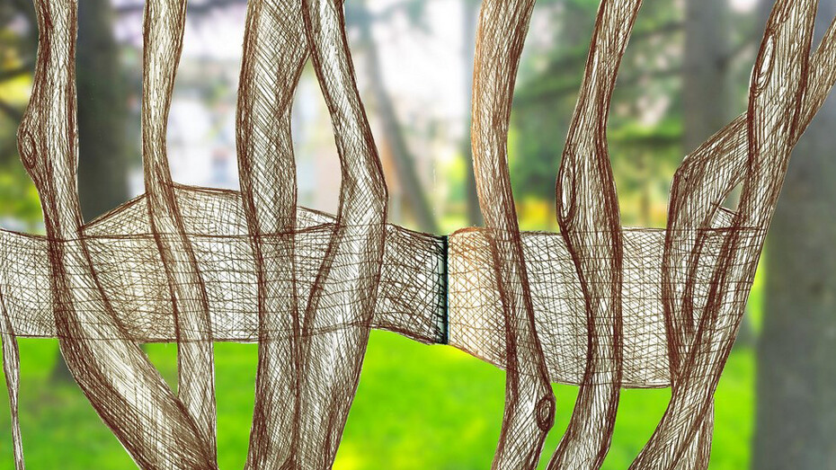 Antonella De Nisco e Giorgio Teggi, rendering RIPArami, installazione ambientale, intrecci tessuti e materiale vegetale, lunghezza m 35 circa, Parco di Villa Verde, Reggio Emilia