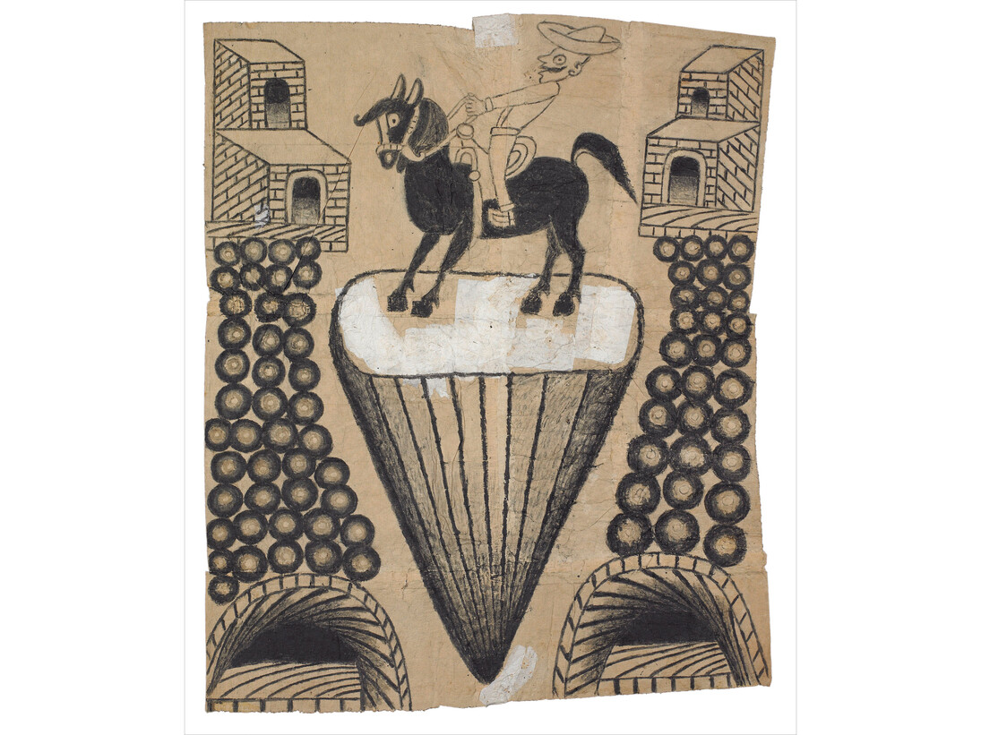 Martin Ramirez, Untitled (Abstracted Landscape with Horse and Rider), c. 1960-63, Gouache and graphite on pieced paper, 24 x 19 in; 61 x 48 cm