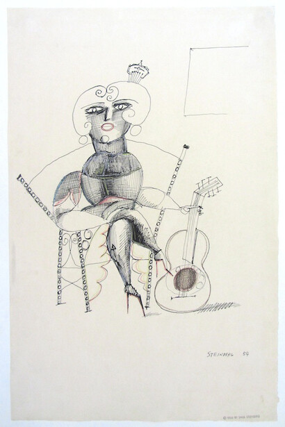 The Guitaress, 1954, Ink and crayon, 20" x 13" © The Saul Steinberg Foundation/ARS, NY