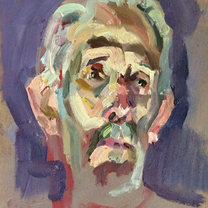 Tim Benson, Michael with uplighting, oil on board, 12 inches x 10 inches