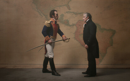 James Monroe (1817–1825) inspirierte Doktrin etabliert: *Amerika für die Amerikaner* und keine europäischen Ambitionen auf dem Kontinent. Bild: Simón Bolívar und James Monroe