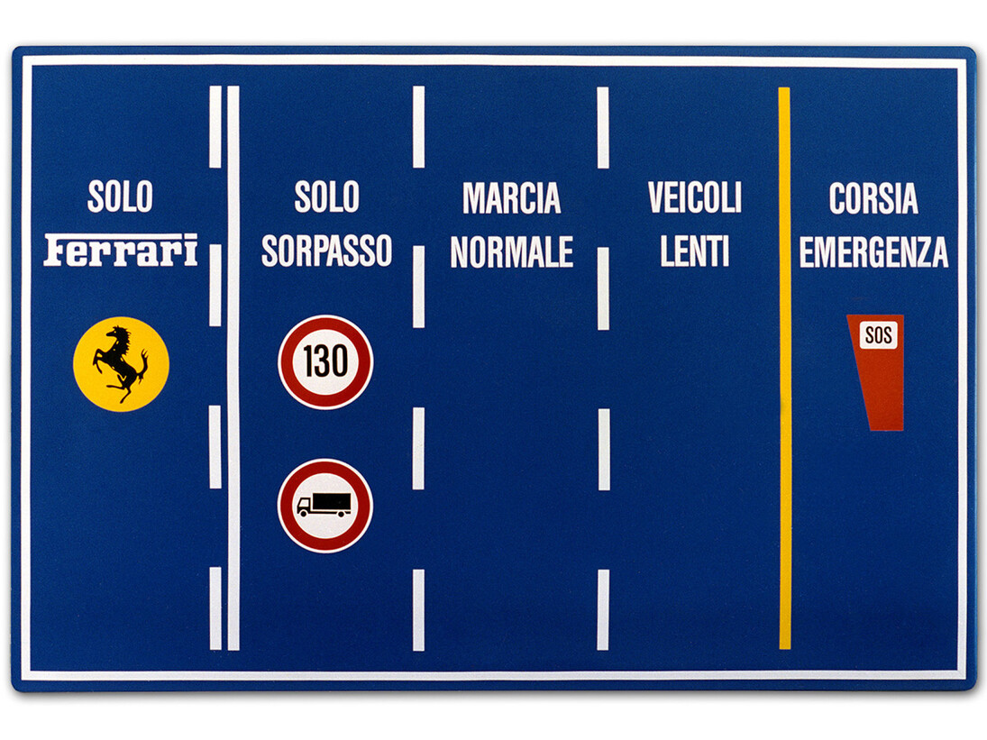 Francesco Garbelli, Solo Ferrari, 1993. Pellicola adesiva su cartello stradale, 60 x 90 cm