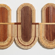 Stephanie Beck, Mosaic #2, 2022, wood, plywood, glue, mineral oil, 12 1/2x19 3/4x3/4 inches. Courtesy of Garvey|Simon Art