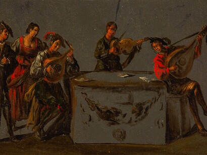 Concerto in taverna. I personaggi che animano le cinque lavagne, vestiti rigorosamente in abiti contemporanei 