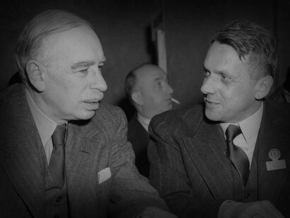 John Maynard Keynes, left, at an international conference in 1946, seen talking to a representative of Poland