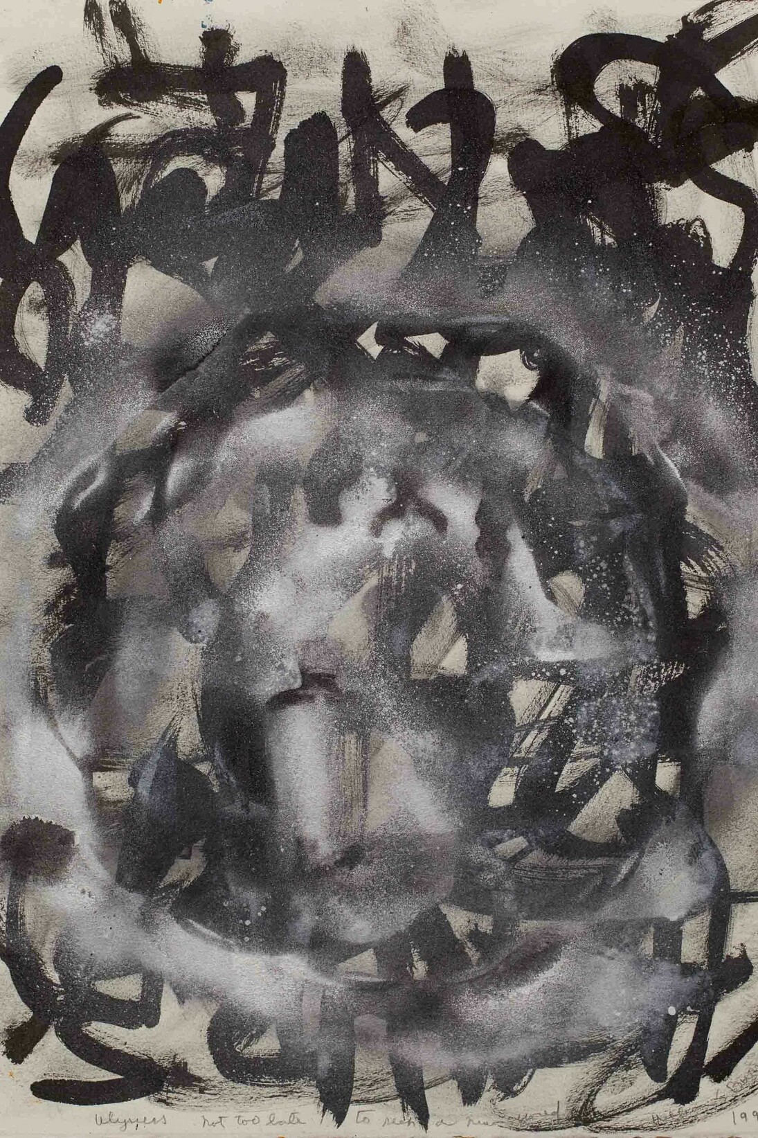 William S Burroughs, Ulysses not too late to seek a new world, 1992 Paint and spray on piper 53 x 49 cm photo Jonathan Greet copyright Estate of William Burroughs