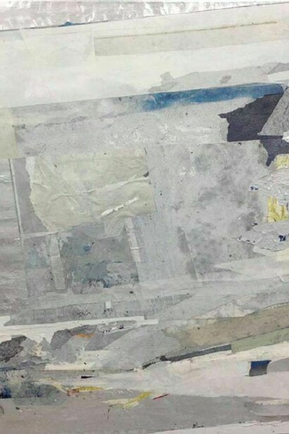 Redactor VI, 2013, enamel, acrylic, crystalina, glass powder, pigment, cold wax, glass film, tape, and vinyl on canvas, 60 x 48 inches