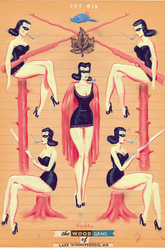 Ryan Heshka, Wood Gang of Lake Winnipegosis, 2015, gouache and mixed on vintage paper, 24 x 18 cm