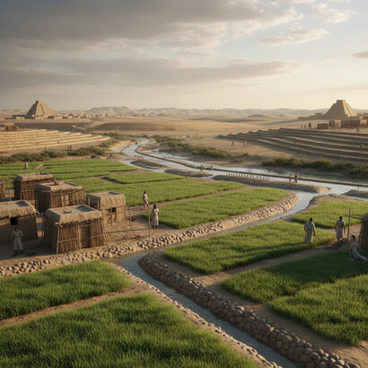 A primary stone-lined canal diverts water into smaller channels, irrigating carefully organized plots of wheat and barley