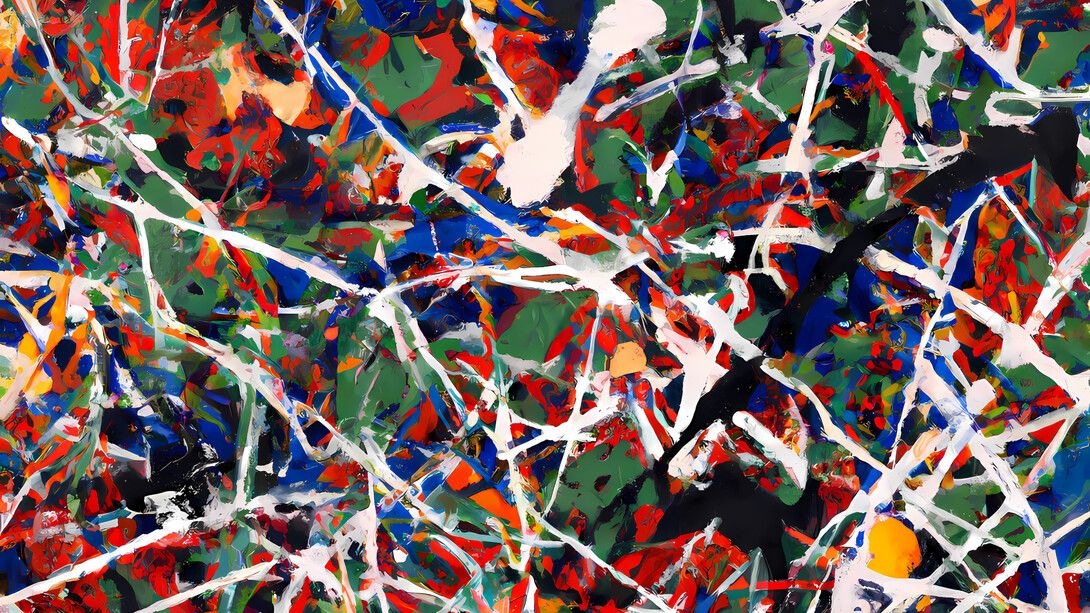 DALL·E, Action Painting in the Style of Jackson Pollock.png, 2023, digital file executed by DALL·E, upscaled by bigjpg.com AI Image Enlarger. Ink-jet prints printed with Epson P20000 printer using Epson Ultrachrome Pro inks on Epson Exhibition matte canvas, with NFT on OpenSea 40x40 inches. Edition of 1, plus 1 (MKB0040).
Courtesy of Specific Object / David Platzker and Susan Inglett Gallery, NYC