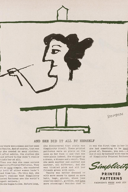Saul Steinberg (dibujo reproducido en un anuncio de Simplicity Printed Patterns), Harper's Bazaar (detalle), agosto de 1955. Cortesía del Museo de Arte Abstracto Español