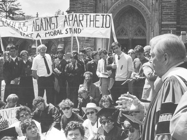 Apartheid Demonstration, May 4, 1985
Students protesting apartheid outside of the Duke Chapel. The demonstration was meant to voice students’ support of Duke’s divestment of all its holdings in South Africa
