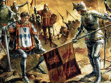 This painting depicts the Battle of Aljubarrota, a decisive conflict fought on August 14, 1385, between the Kingdom of Portugal and the Crown of Castile